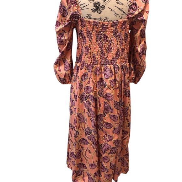 Time and Tru XL 16/18 Maxi Sleeve Dress Peach and Purple Floral Smocked - Picture 2 of 6
